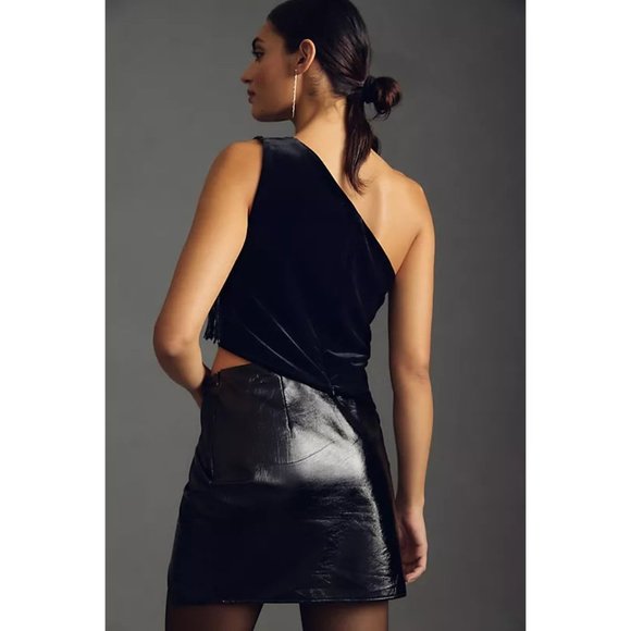 Eva Franco Anthropologie Sequin One-Shoulder Black Cropped Party Top with Fringe - Picture 2 of 10